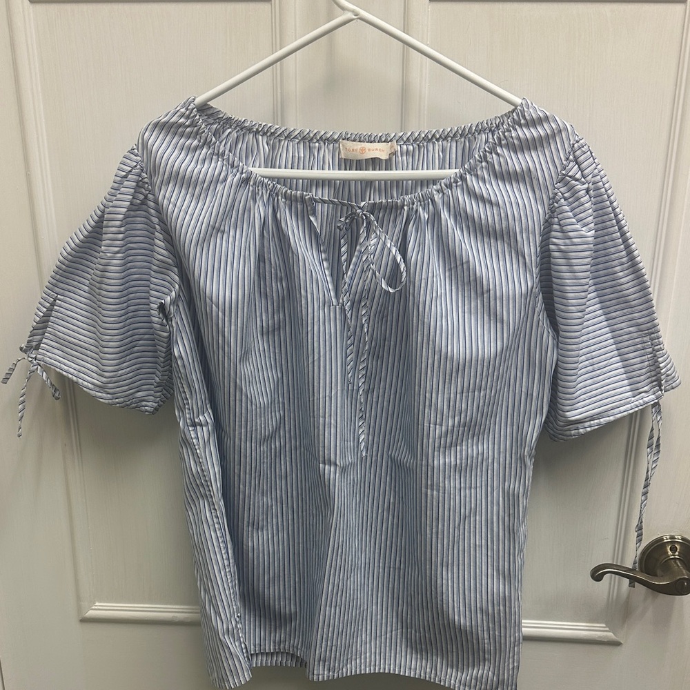 Tory Burch Light Blue and White Striped Peasant Blouse
